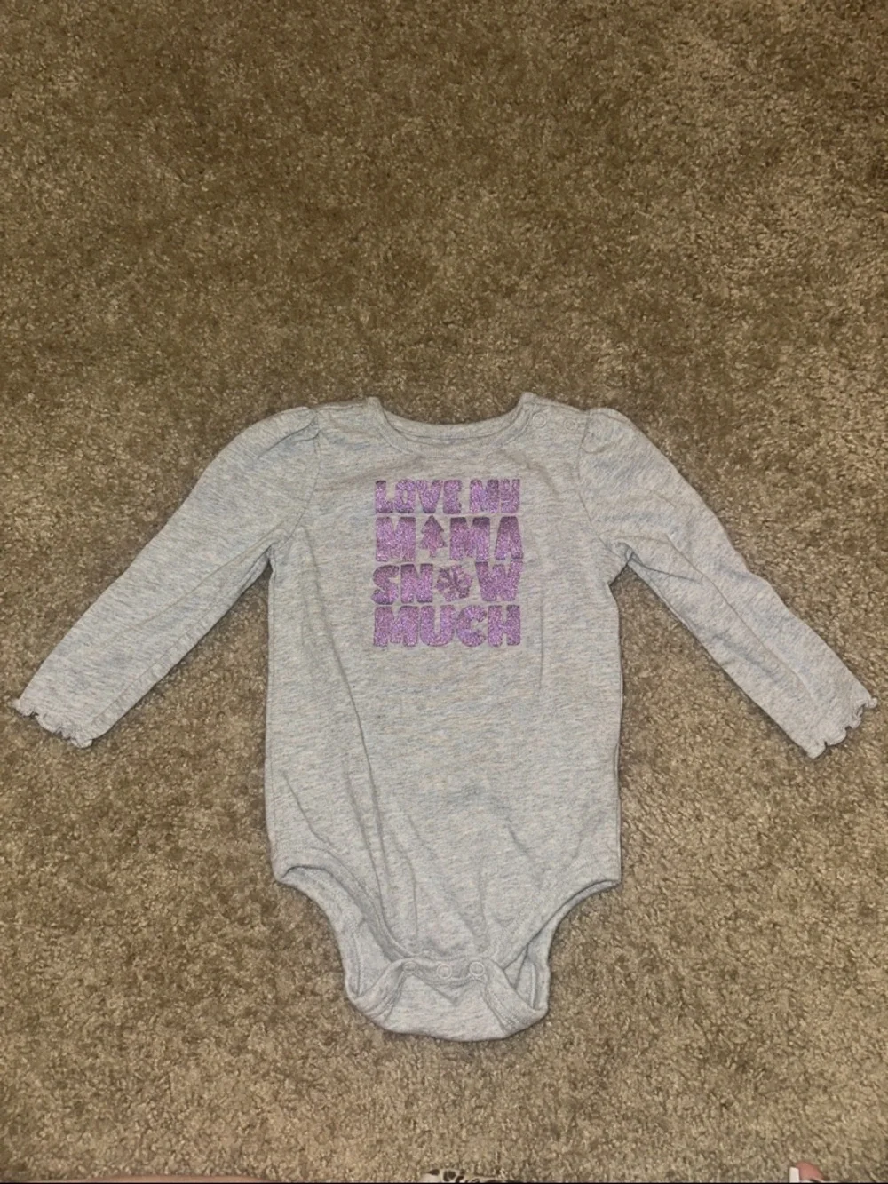 Girls' Gray Long-Sleeve One-Piece Bodysuit with Purple Glitter Text - Picture 1 of 2